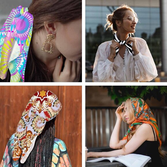 Silk Feel Tropical Hibiscus Head Scarf Green Leaves Red Flowers Women Girls - Picture 7 of 7